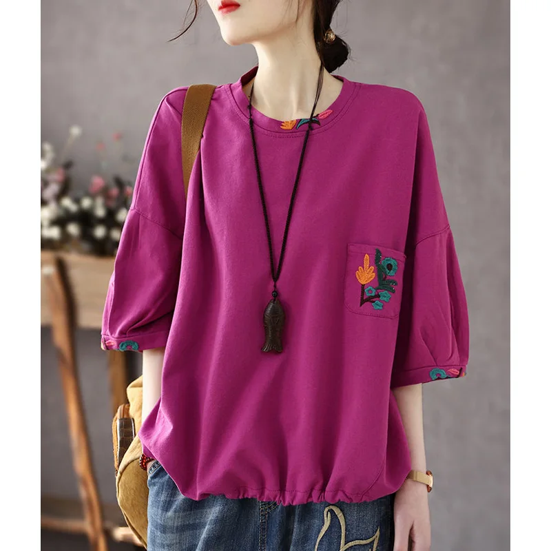 2023 Summer Vintage Embroidered Round Neck Patchwork Pocket Loose Casual Top Embroidered High Waisted Harlan Jeans Two-piece Set