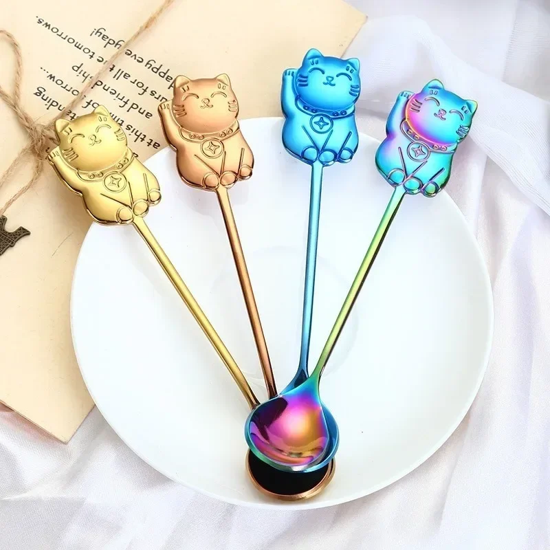 Stainless Steel Spoon Ice Cream Dessert Spoon Creative 304 Stainless Steel Cartoon Lucky Cat Gift Coffee Stirring