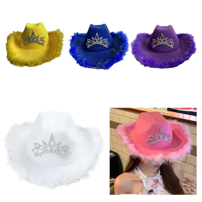 LED Tinsel Brim Cowboy Hat for Women Western Cowboy Hat Church Model Show Rhinestones