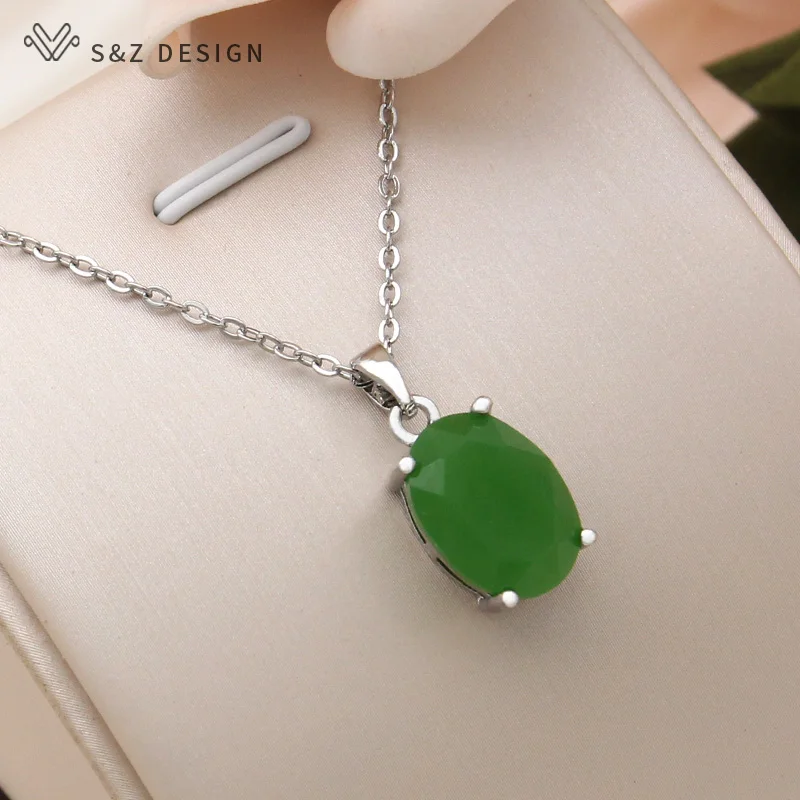 S&Z DESIGN New Fashion Oval Egg Shape Imitation Jade Glass Pendant Necklace For Women Elegant Party 585 Rose Gold Color Jewelry