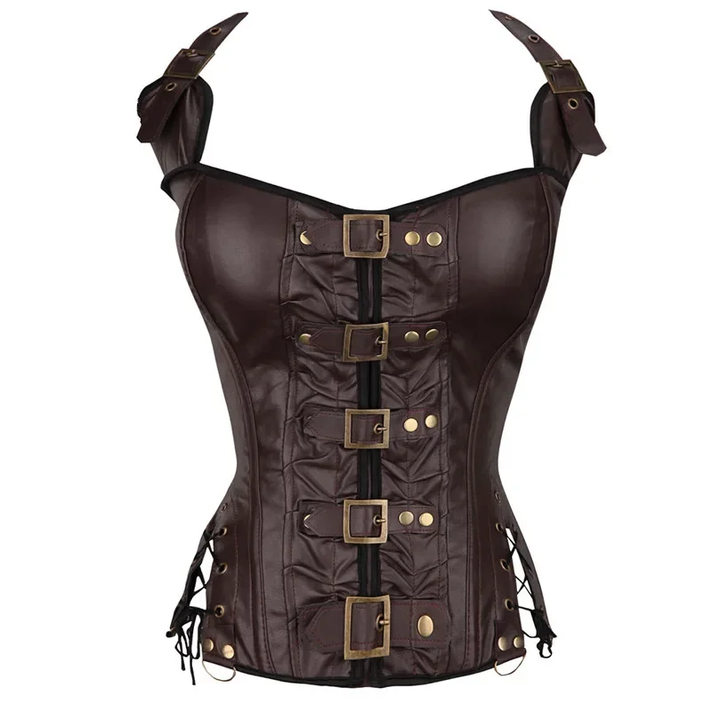 Steampunk Faux Leather Halter Strap Underbust Corset Vest Lace-Up Waist Cincher Top Women Zipper Buckled Bustier Body Shaper