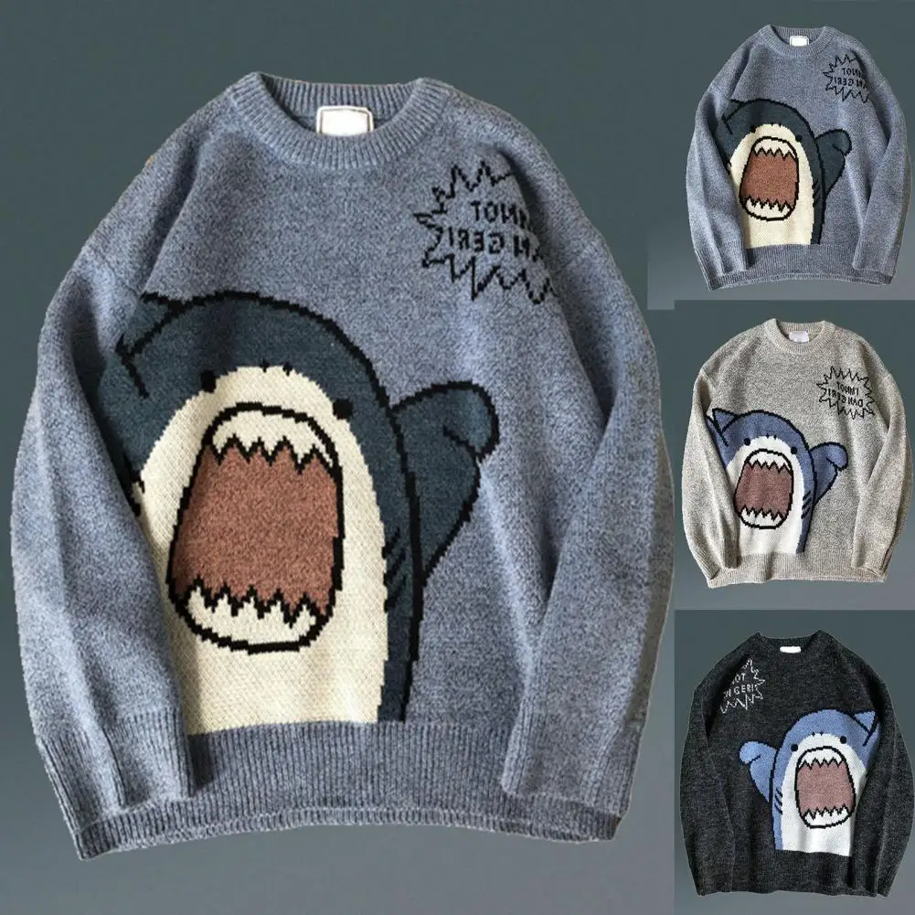 

Women Men Sweater Cartoon Shark Print Round Neck All Match Long Sleeve Oversized Pullover Top Harajuku Hip Hop Loose Knit Jumper