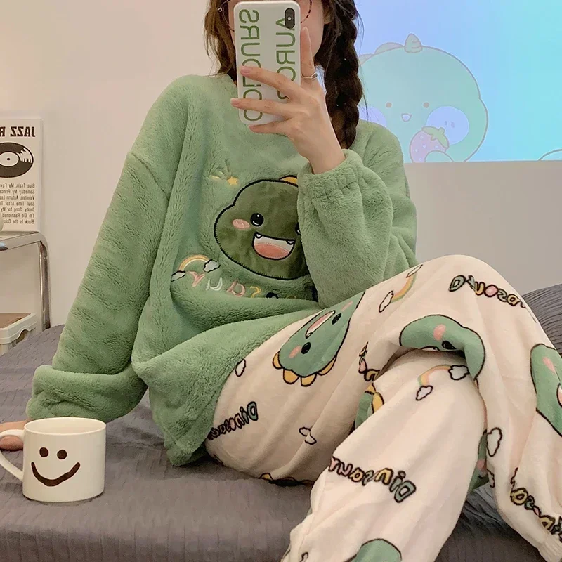 Women Pajamas Set Winter Flannel Sleepwear 2 Pieces Set Round Neck Long Sleeve Dinosaur Printing Women pajama suit
