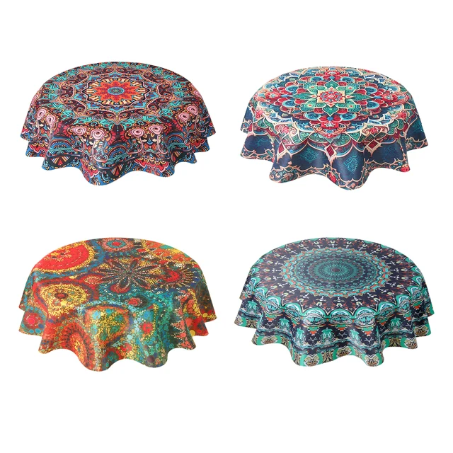Nappe ronde en polyester à motif floral bohème, couverture de table circulaire, imperméable, pour document, terrasse, table à manger, grill pour la maison 2