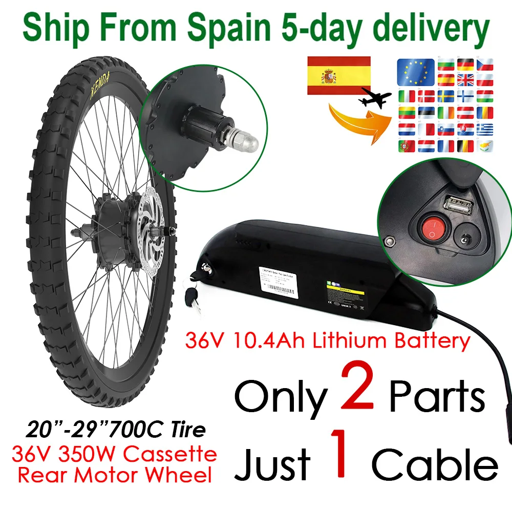 20-29inch Rear Wheel Cassette Hub Motor 350W Electric Bike Conversion Kit with Battery 36V 10.4AH Easy Installation Disc Brake