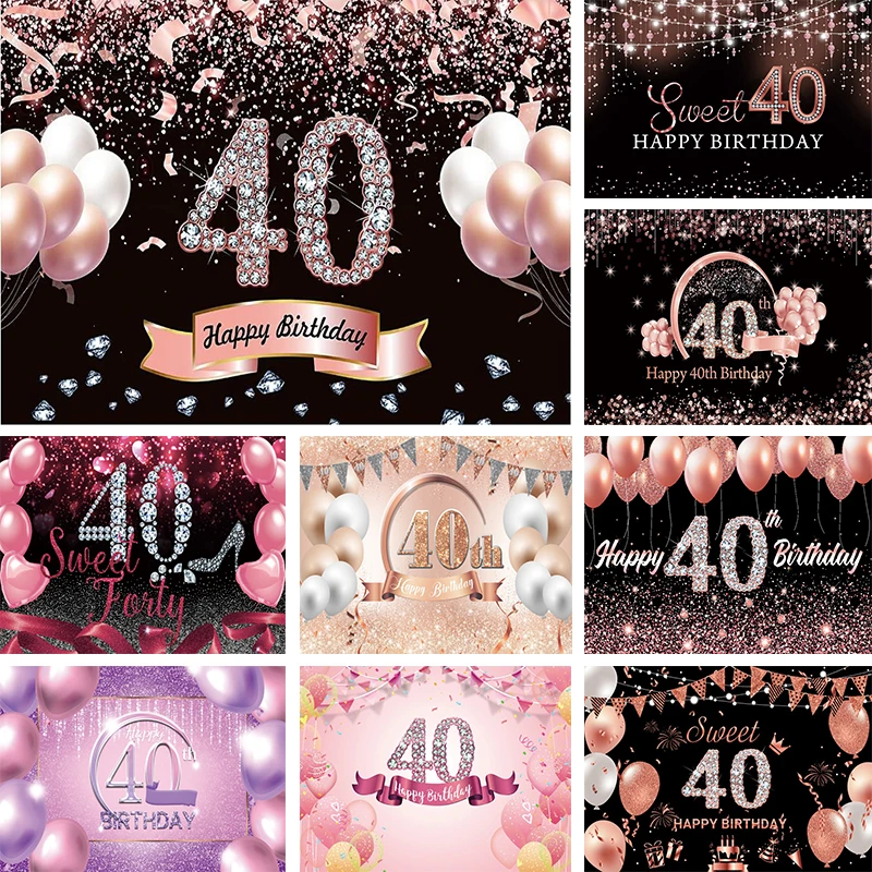

Hello Happy 40th Birthday Women Backdrop Black Pink Glitter 40 Years Old Party Photography Background Studio Decoration Banner