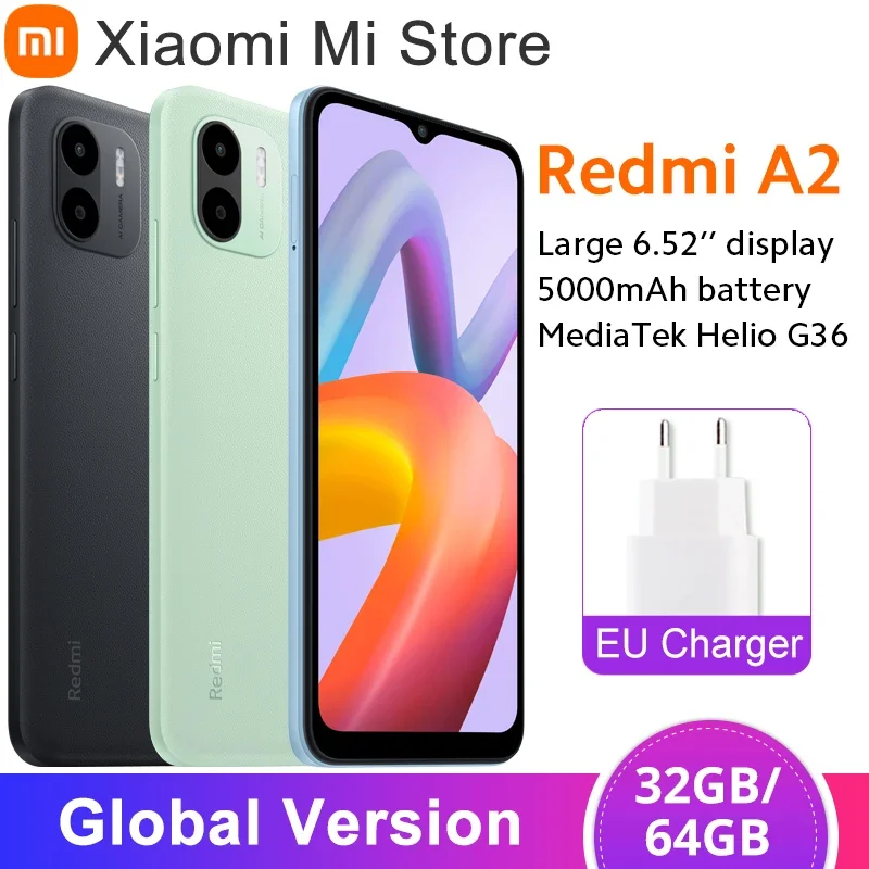샤오미 레드미 글로벌 버전 휴대폰, 6.52 인치 도트 드롭 디스플레이, 5000mAh 지원, 8MP AI 듀얼 카메라, A2 MTK Helio G36