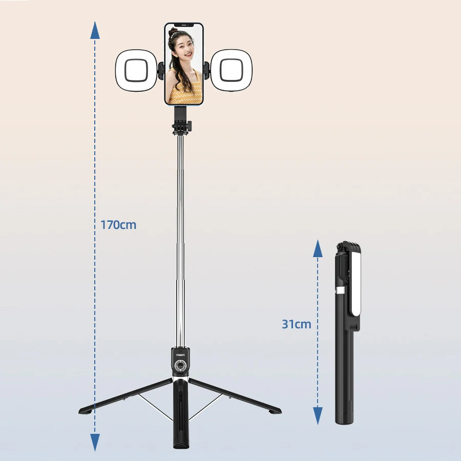 1.7M Extendable live Tripod Selfie Stick Support LED Ring Dual light mirror Stand 4 in 1 Phone Mount for Android IOS Cell Phone