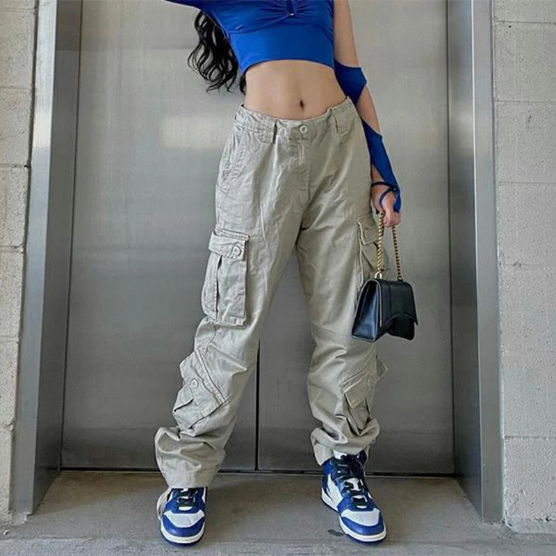 Autumn Winter Street Style Loose Casual Pockets Denim Cargo Pants Ladies Harajuku Y2K All-match Jeans Women Solid Color Trousers