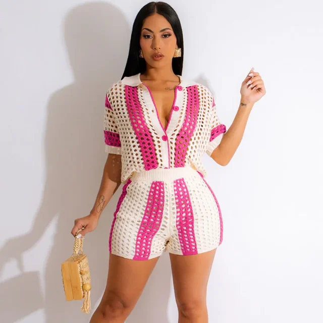 Striped Knitted Summer Clothes for Women 2 Piece Set Holiday Hollow Out Button Up Top and Shorts Beach Wear Vacation Outfits - Image 3