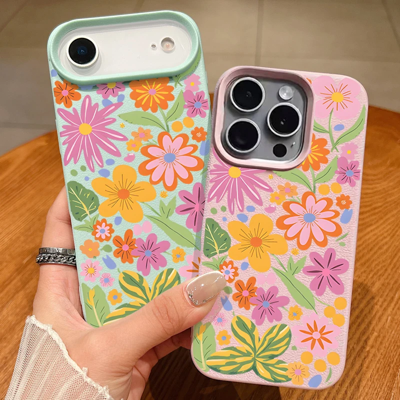 Vibrant Cartoon Flowers Shockproof Leather Texture Silicone Phone Case