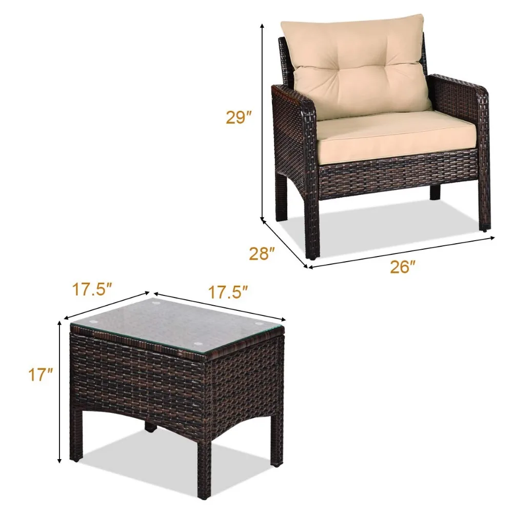 3 Piece Outdoor Patio Furniture Set, Wicker Chairs with Glass Top Coffee Table, All Weather Garden Lawn Poolside Backyard Porch images - 6