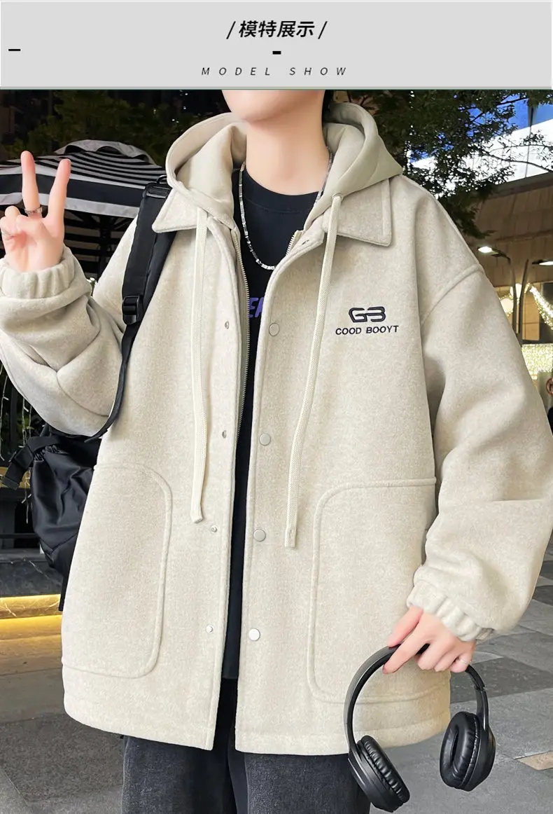 Lässige Herren-Fleece-Futtermäntel mit Kapuze, 20225, Winter, Jugend, Streetwear, lockere Plüsch-warme Jacke, winddicht, samtgepolstertes Oberteil – Detail 13