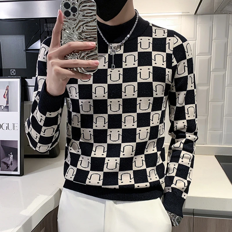 Autumn Winter Half Turtleneck Sweater Men Korean Jacquard Casual