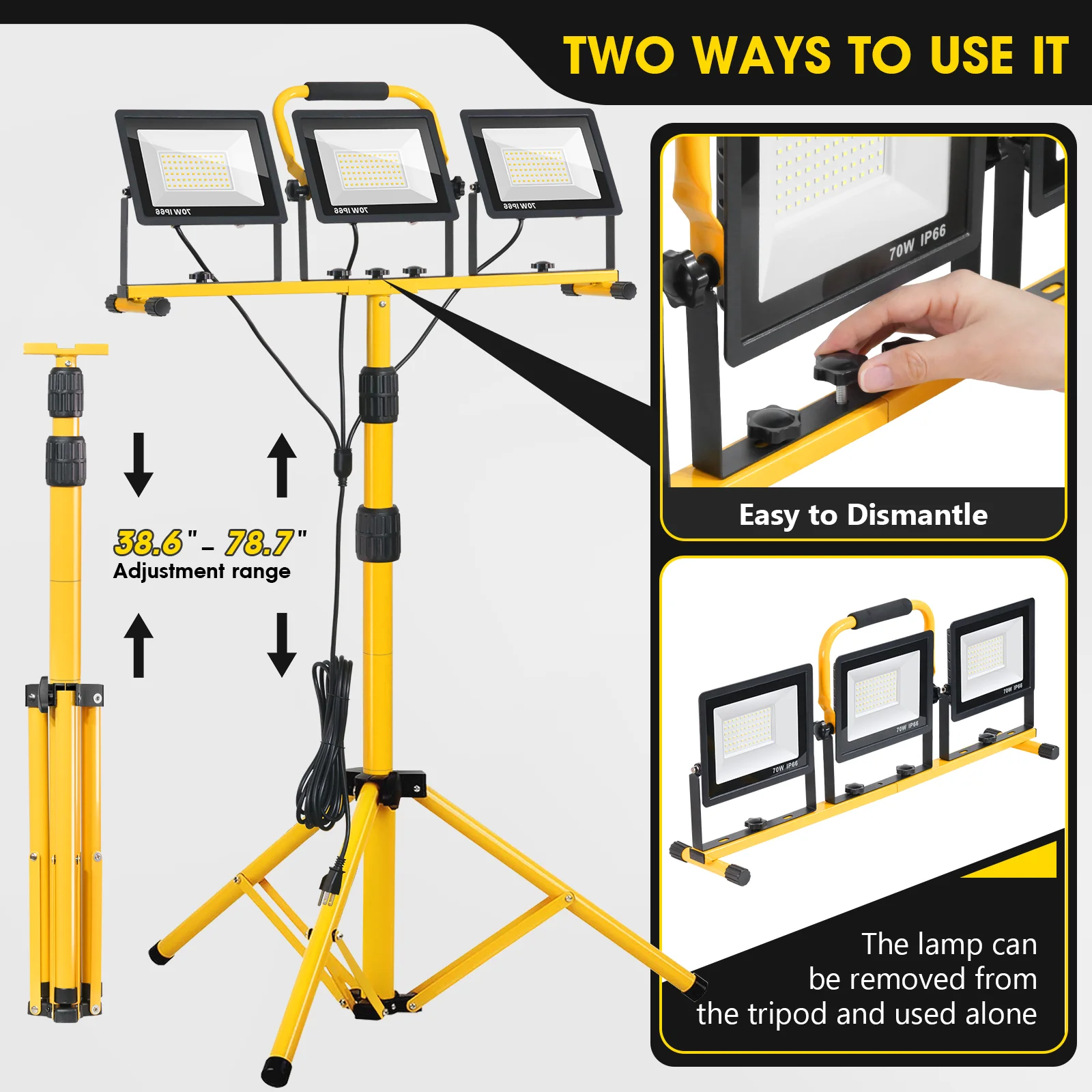 21000 Lumen LED Work Light with Stand-3-Head Portable Tripod Work Light with 16 ft. Cord for Outdoor, Indoor Job Sites