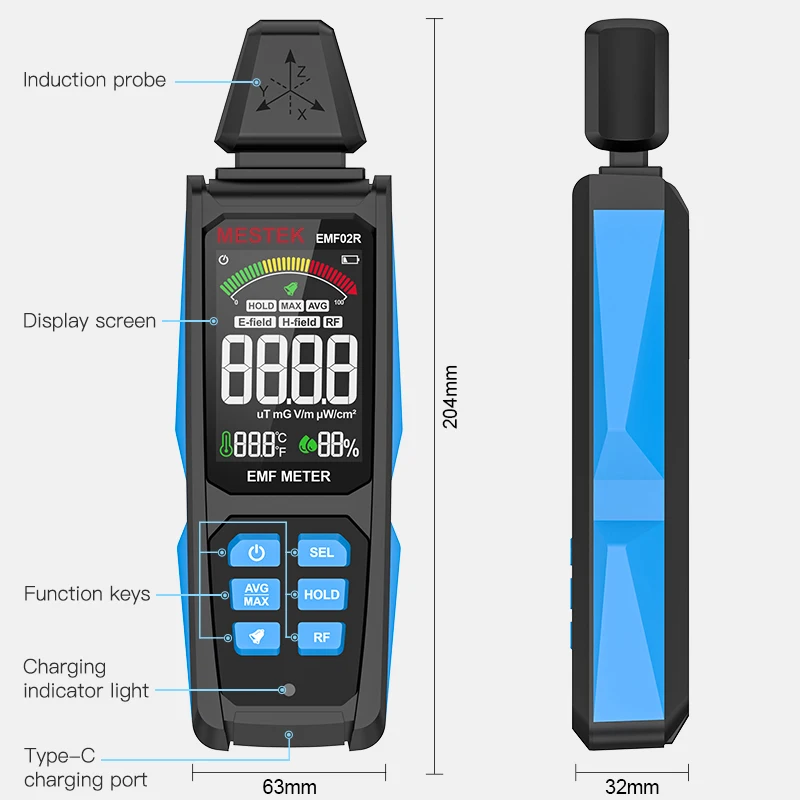 3-In-1 Color Screen EMF Meter 30Mhz~8GHz High Frequency Radiometer Electromagnetic Field RF Radiation Detector Max/Avg Test