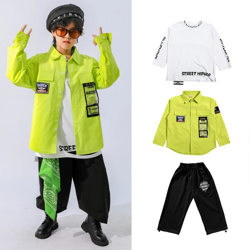 

Boys Fashion Hip Hop Dance Outfit Fluorescent Green Shirt Cargo Pants Jazz Dancewear Street Dance Performance Clothing YS4231