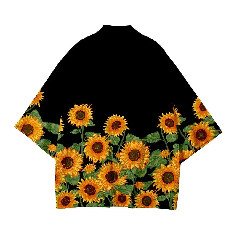 Japanese Sunflower Print Cardigan Kimono Traditional Haori Women Men Harajuku Yukata Shirt Beach Fashion Cosplay Streetwear Tops