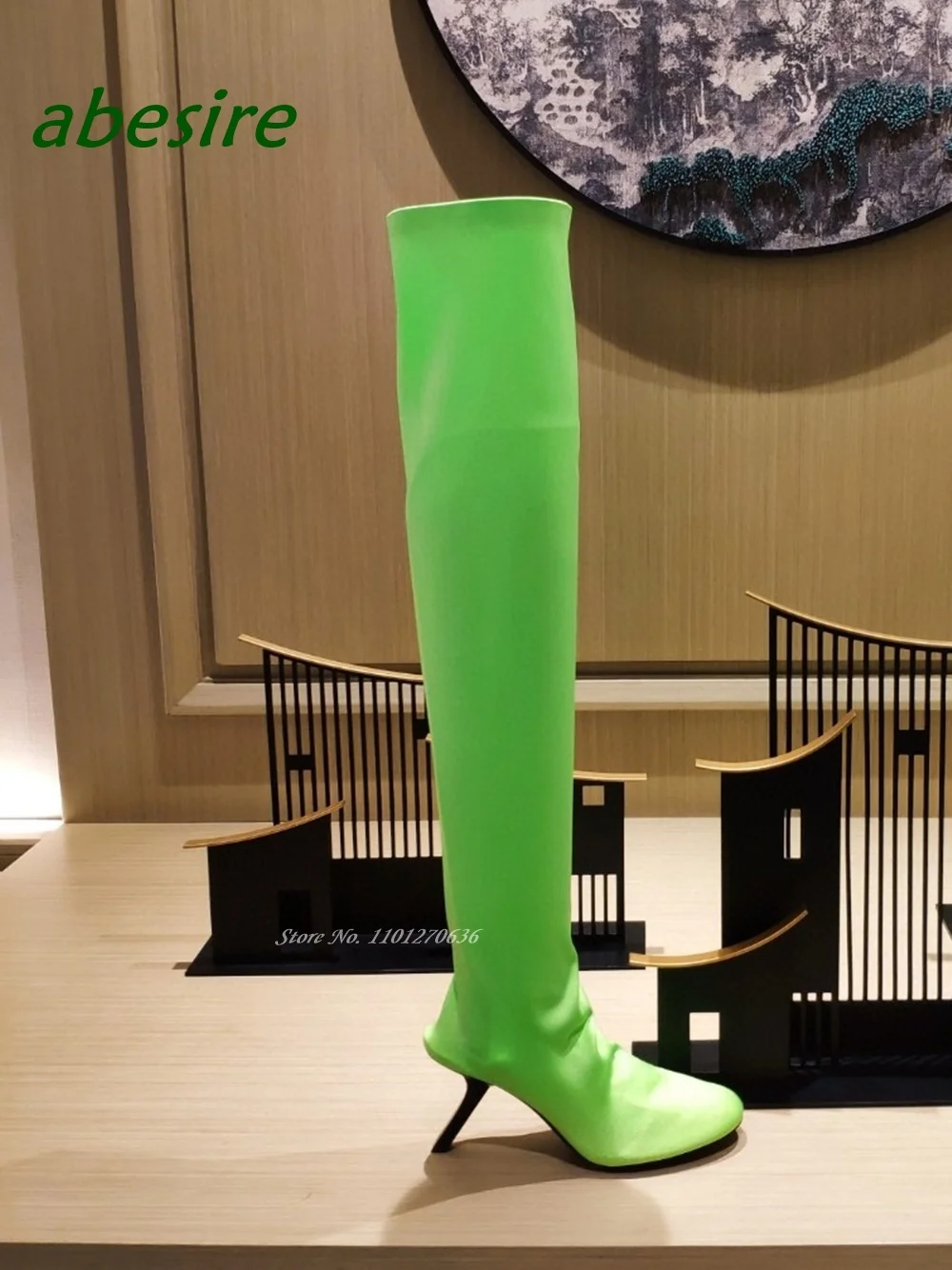 

Fluorescent Green Satin Over The Knee Boots Round Toe Strange Style Women's Boots Long Elegant 2023 New Design Sexy Shoes Runway