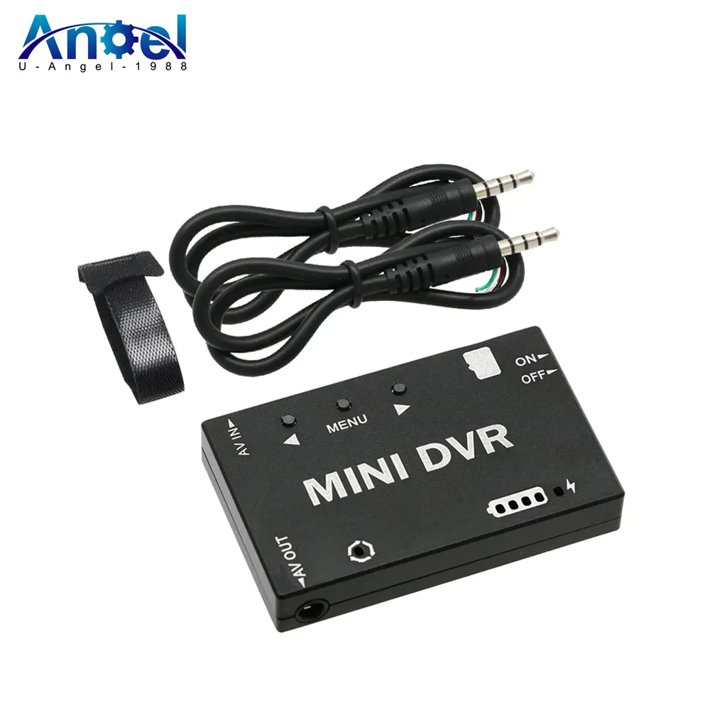 Mini DVR FPV enregistreur vidéo NTSC/PAL pour drone RC, avec connecteurs et boutons visibles sur fond noir.