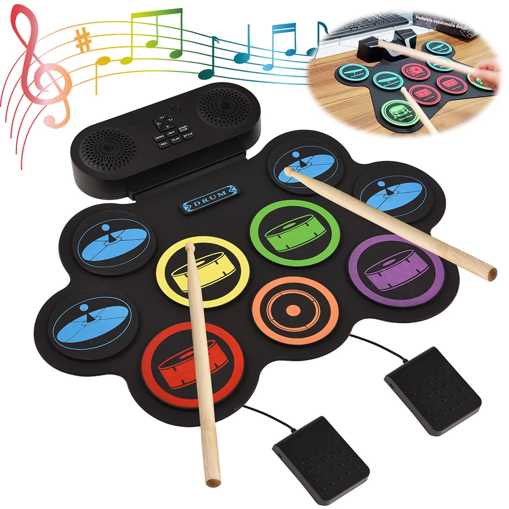 Electronic Drum Set with Headphone Jack 9-Pads Roll-Up Drum Pad with Built-in Speaker Xmas Birthday Surprise for Boys Girls