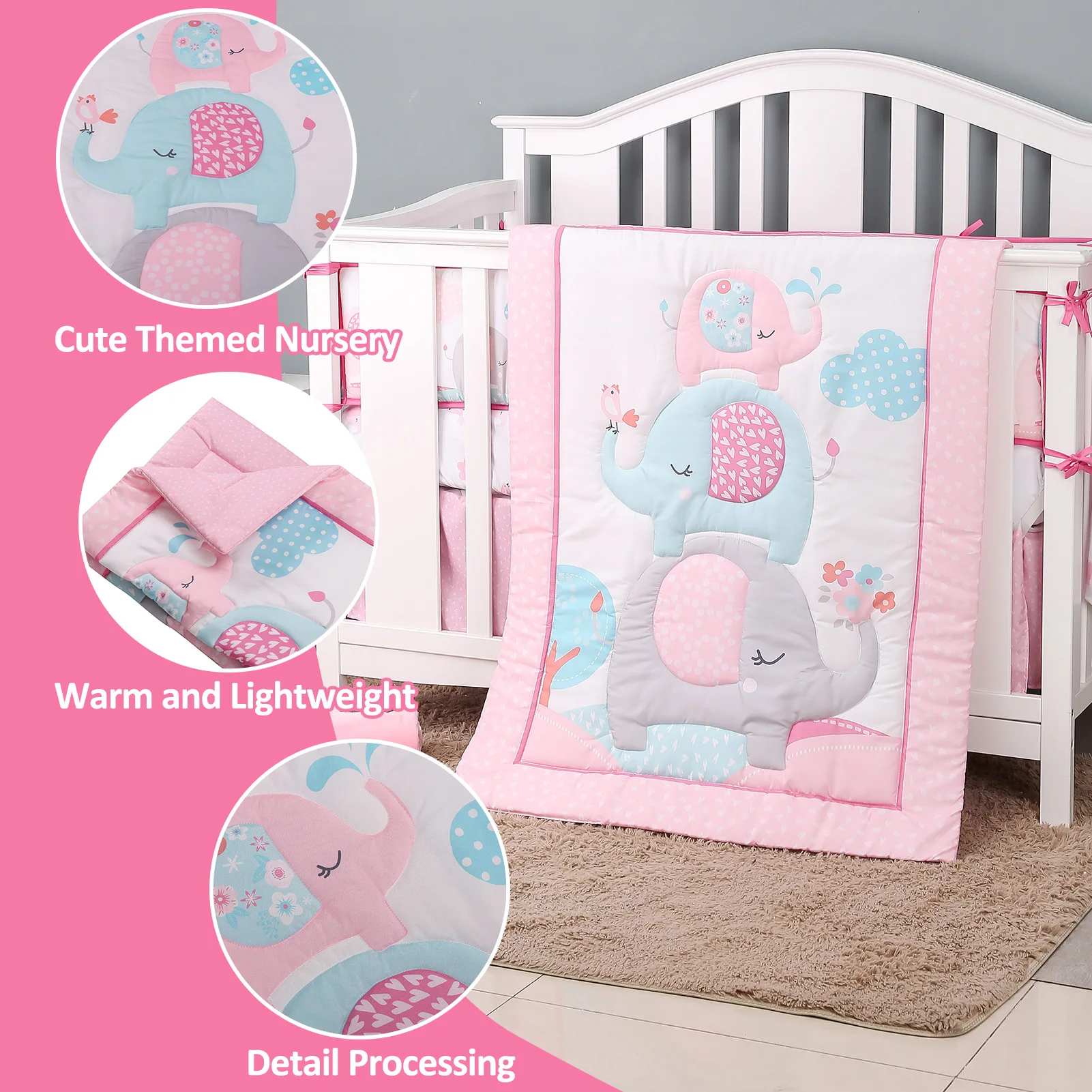 3Pcs Baby Bedding Set Elephants Theme Crib Bedding Set Including