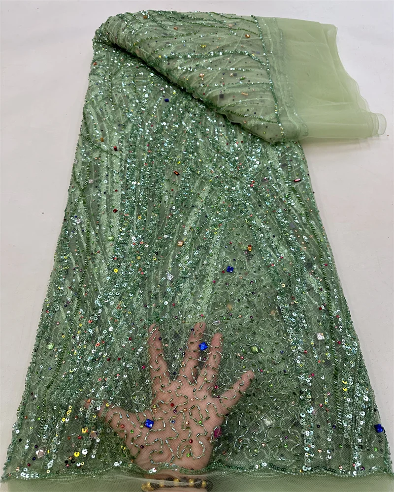 

African Handmade Beaded Lace Fabric 2023 High Quality French Nigerian Tulle Lace Embroidery Bridal Wedding Sewing