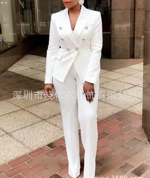 Women Pants Set Two Piece Sets Turn Down Collar White Blazer Elegant Coats Matching Sets Work High Waist Long Pants Suits 1