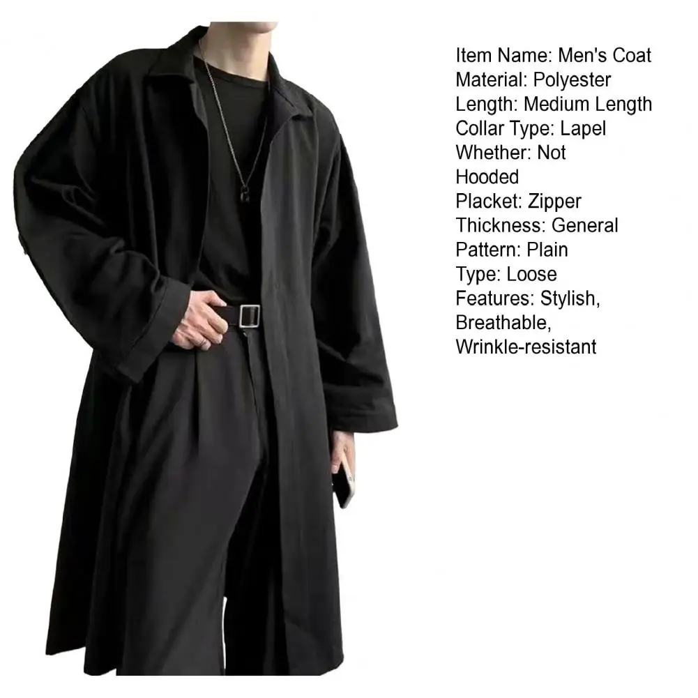 Description Picture 2 of itemBreathable Men Coat Stylish Lapel Trench Coat for Men Breathable Wrinkle-resistant Solid Color Spring Autumn Jacket for Men's