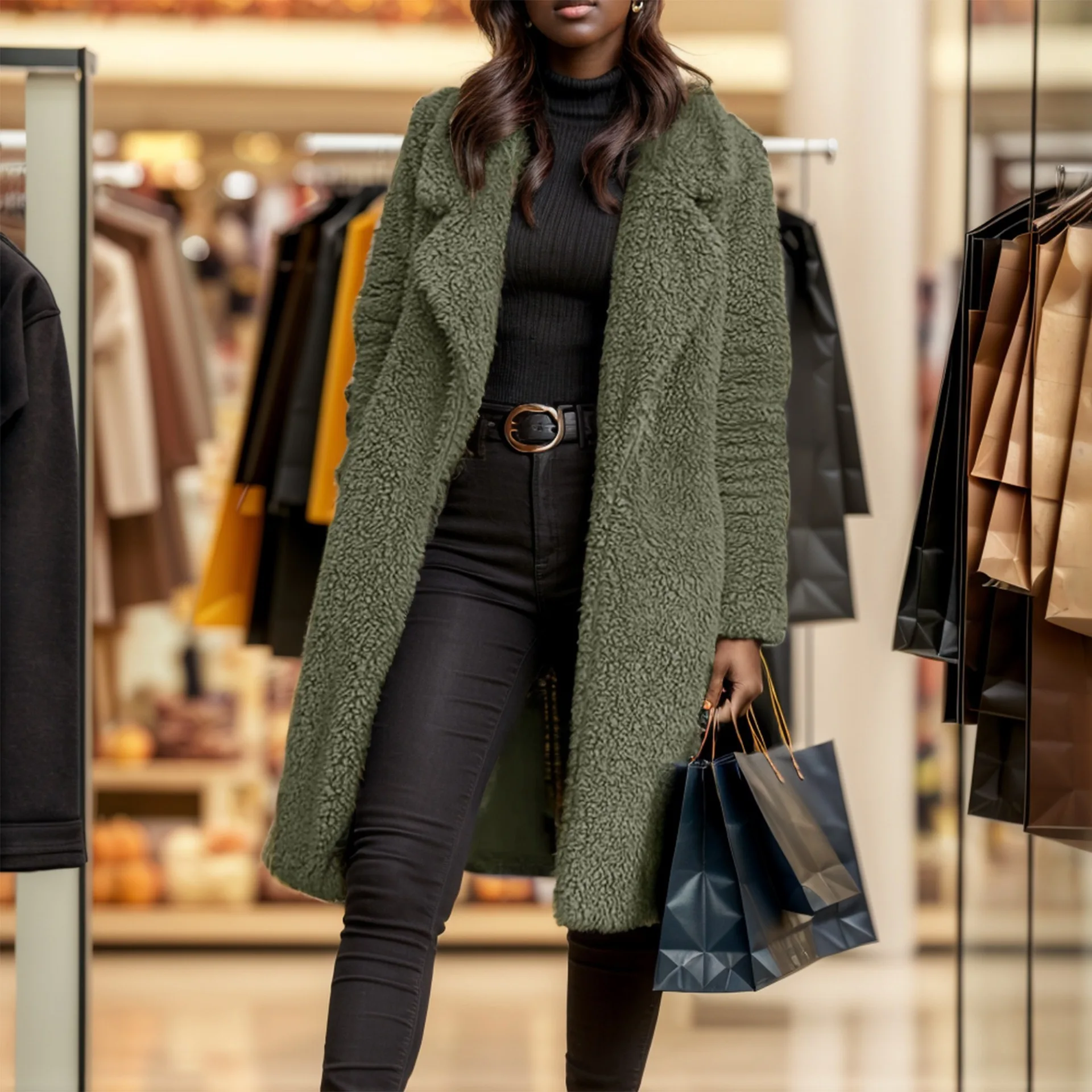 Herbst Winter Damen Beiger Langer Sherpa-Mantel Revers Flauschige Teddy-Jacke Lässige Winter-Oberbekleidung – Detail 5