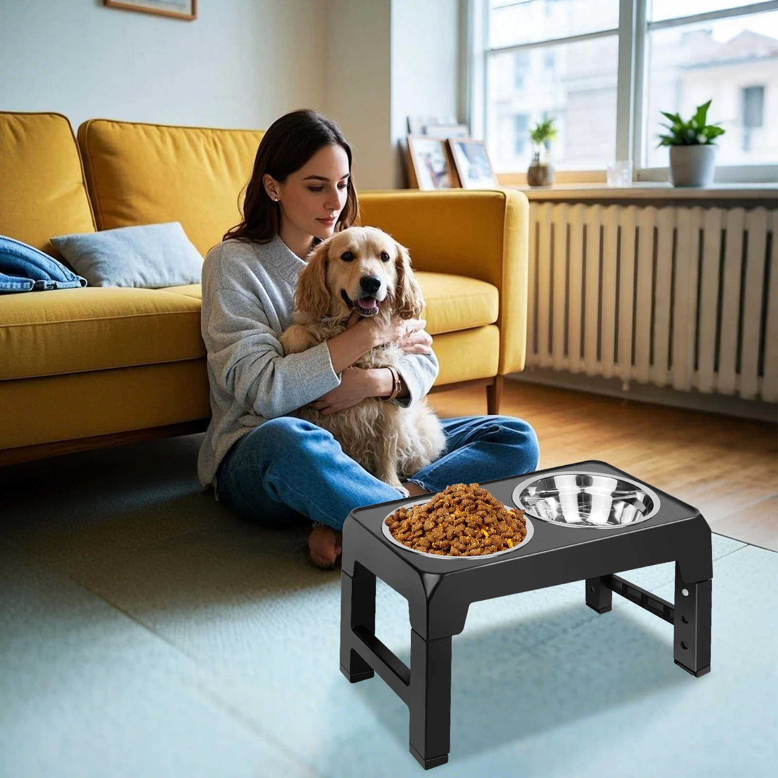 EFAN Raised Dog Bowl 4 Height-Adjustable, Elevated Dog bowls with 2x 1200ml Stainless Steel Bowls, for Small Medium & Large Dogs