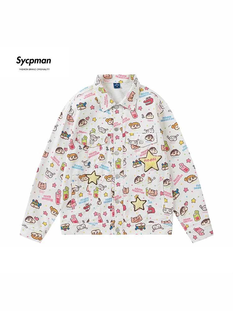 

Sycpman Cartoon Printed Denim Jacket for Men Autumn Japanese Style New Loose Casual Single Breasted Jackets Streetwear Clothing