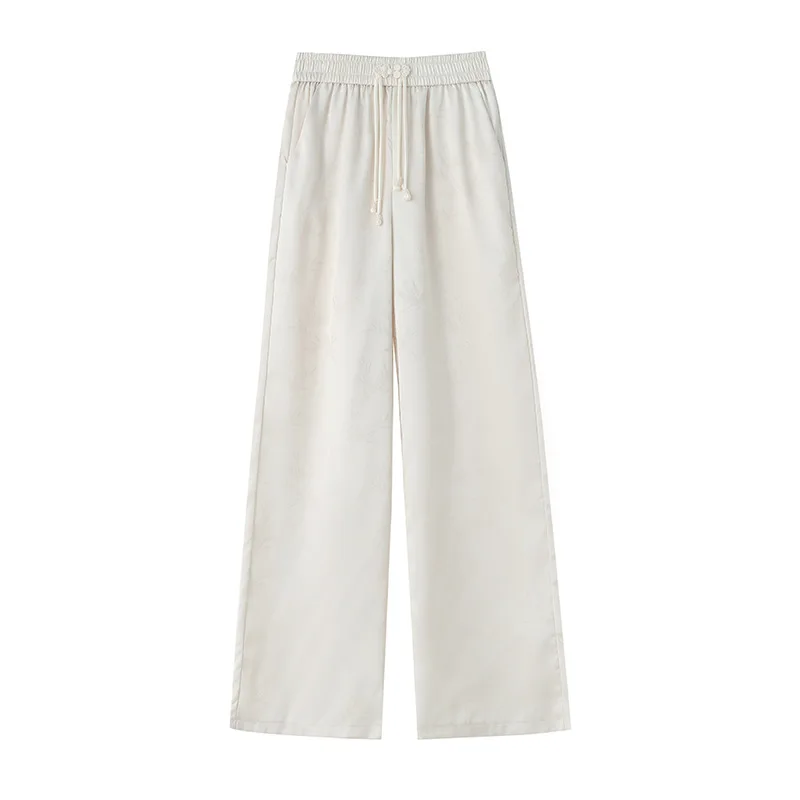 New Chinese Style Button Up Pants for Women's Summer Thin High Waisted Straight Leg Ice Silk Satin Jacquard Wide Leg Pants