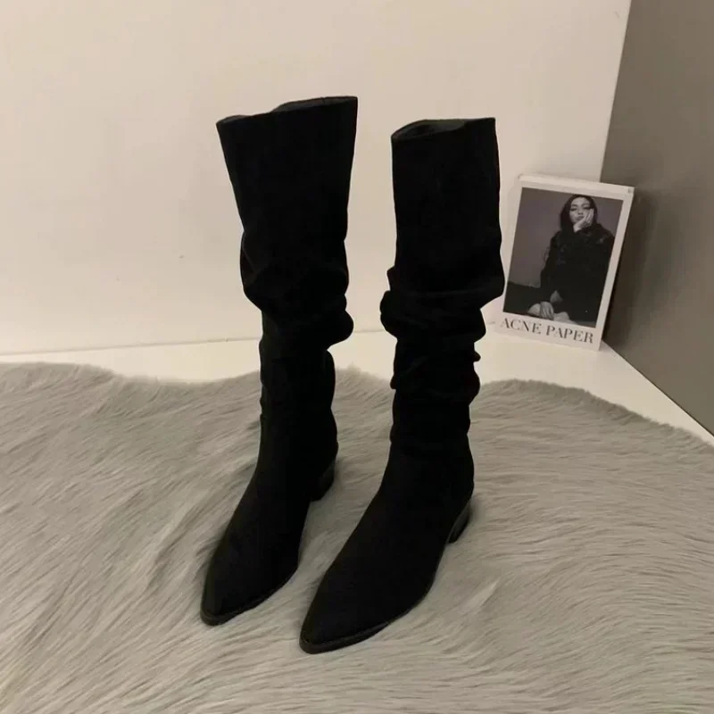 Women Knee High Boots Autumn Winter Female Shoes Fashion Female Slip-on Folds Low Heel Round Toe Flat Long Boots Botas De Mujer - 3