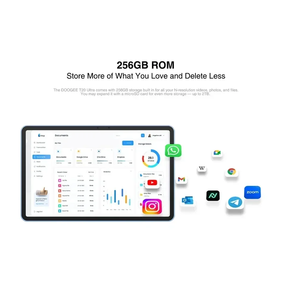 DOOGEE T20 Ultra Tablet PC 12Inch 2K Display Octa Core 12GB+256GB 10800mAh 16MP Camera Android 13 Tablet Quad Box Stereo Speaker