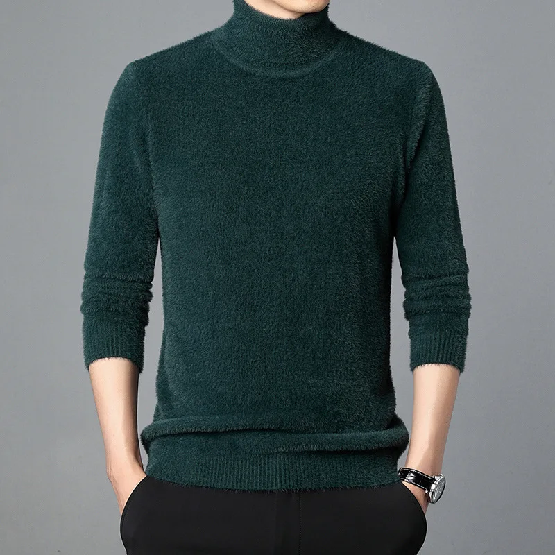 Sweater Imitation Mink Turtleneck Sweater Men's Winter Fleece Lined Padded Warm Keeping Slim Fit Base Cardigan Trendy Men