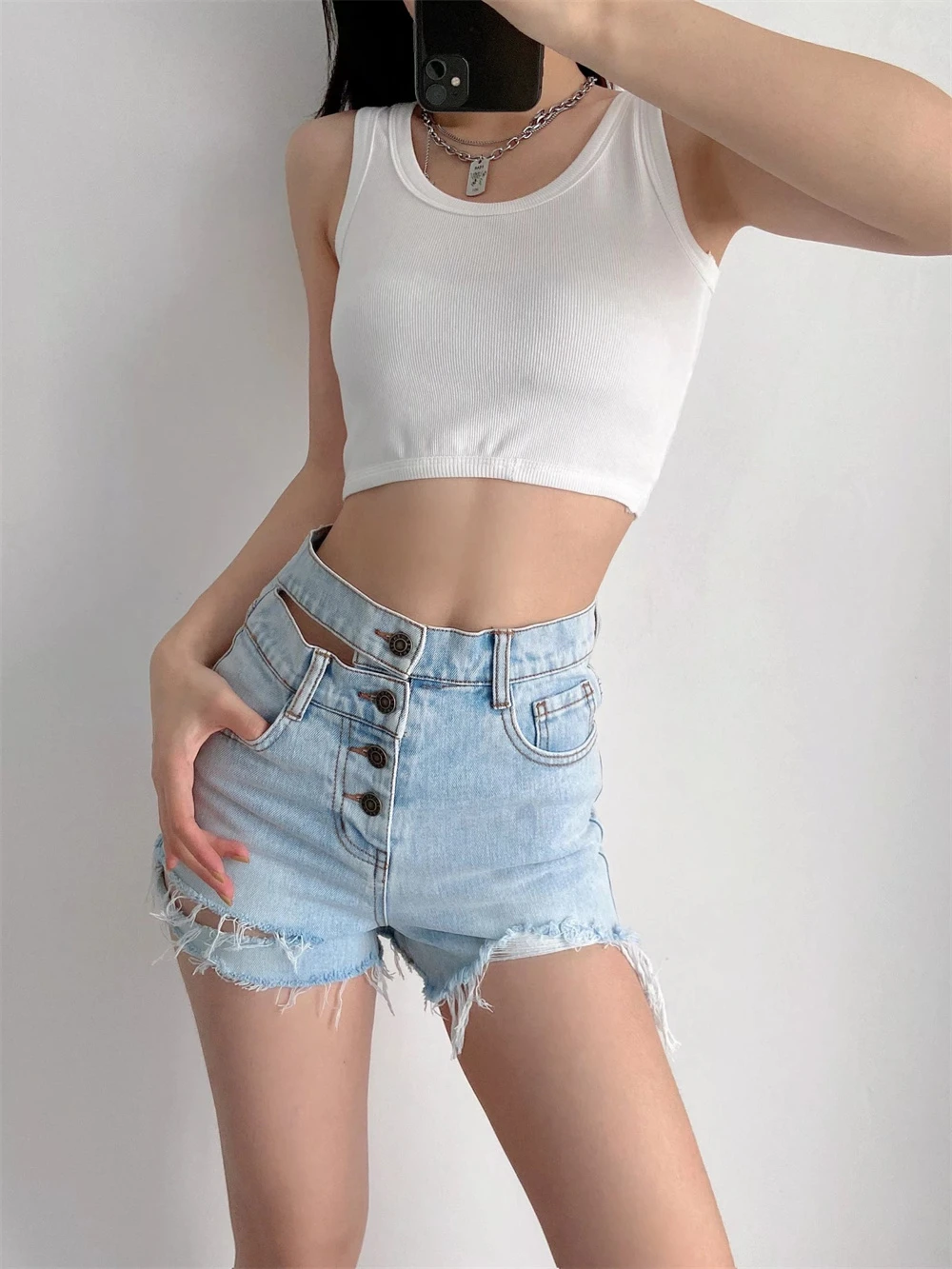 Summer new street solid color high waist denim shorts women, Versatile sexy washed ripped hole raw hollow waist denim shorts rock revival jeans