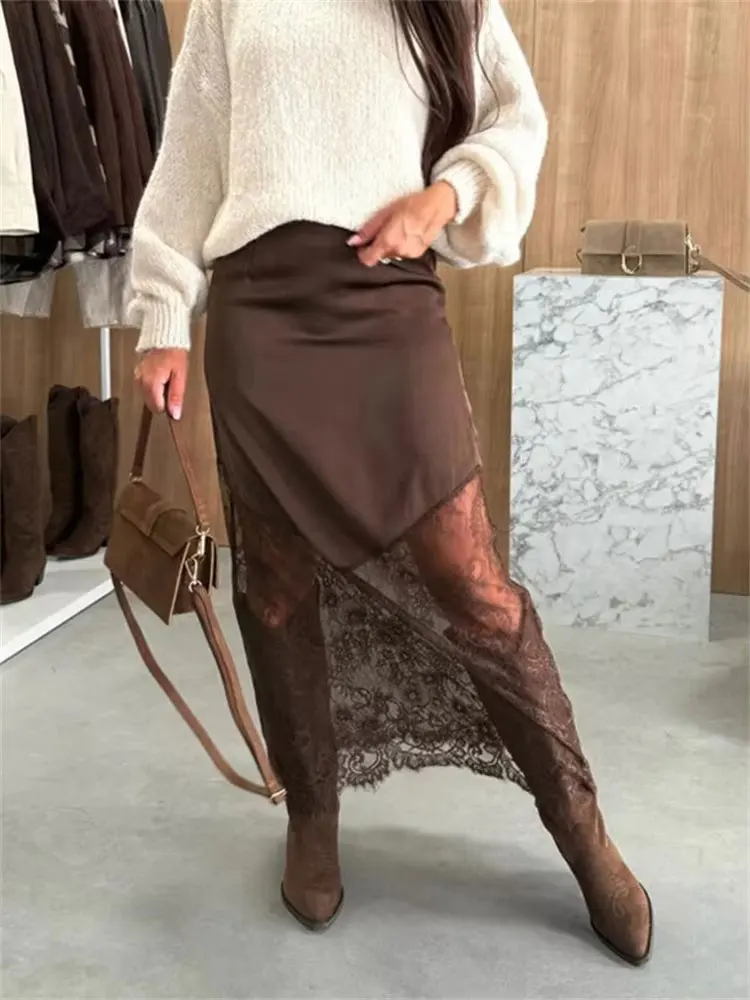 HH Women Fashion Patchwork Lace Skirt High Waist Slim Hollow Out Long Skirt Spring Summer Trend High Street Lady Chic Skirts