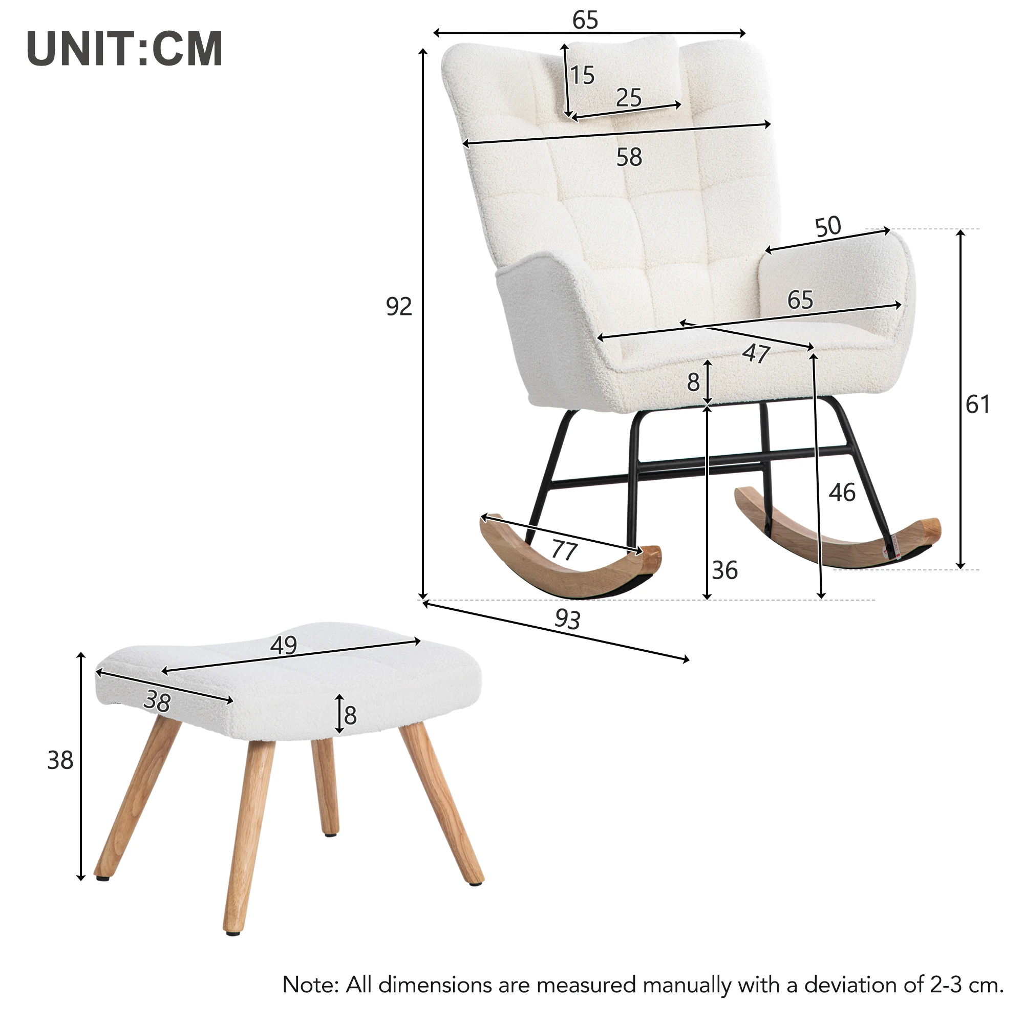 KOMHTOM Ergonomischer Weißer Schaukelstuhl - Sitzbreite 65 cm inkl. 1 Kopfkissen und Fußhocker, stabiles Gummifußgestell – Detail 11