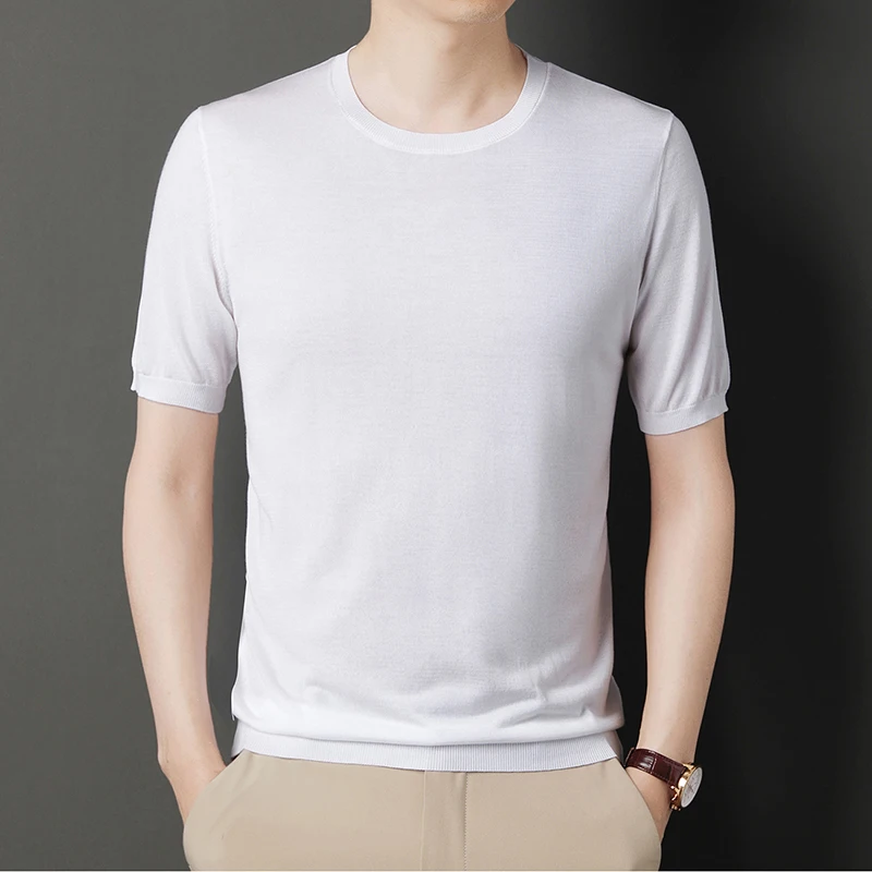 High Quality Men Silk Knit Tops 2022 Summer O-Neck Ice Silk Tee Shirts Male Short Sleeve Knitting Thin Clothing T-Shirts