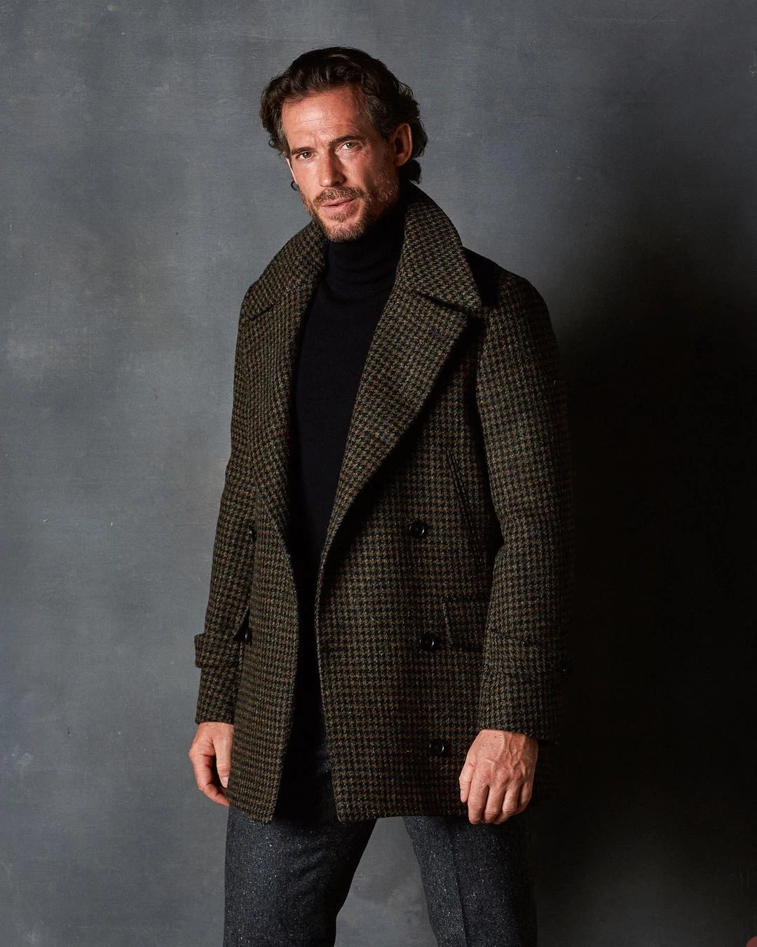 Houndstooth Woolen Men Coat One Piece Business Blazer Overcoat Double Breasted Dark Gray Groom Formal Work Party Causal Tailored