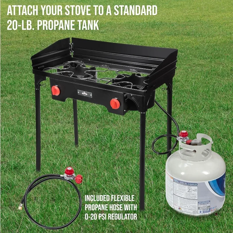 Cast Iron Double-Burner Outdoor Gas Stove 150,000 BTU Portable Propane Cooktop w/Blue Flame Control, Removable Legs,