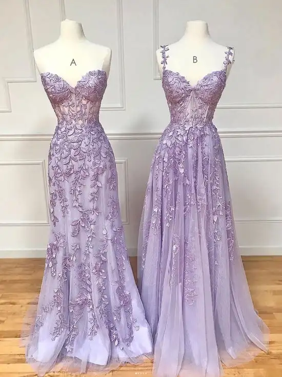 

Lilac Lavender Long Prom Dresses 2023 Mermaid Lace Applique Crystal Strapless Sweetheart Corset Back Evening Gowns CUSTOM MADE