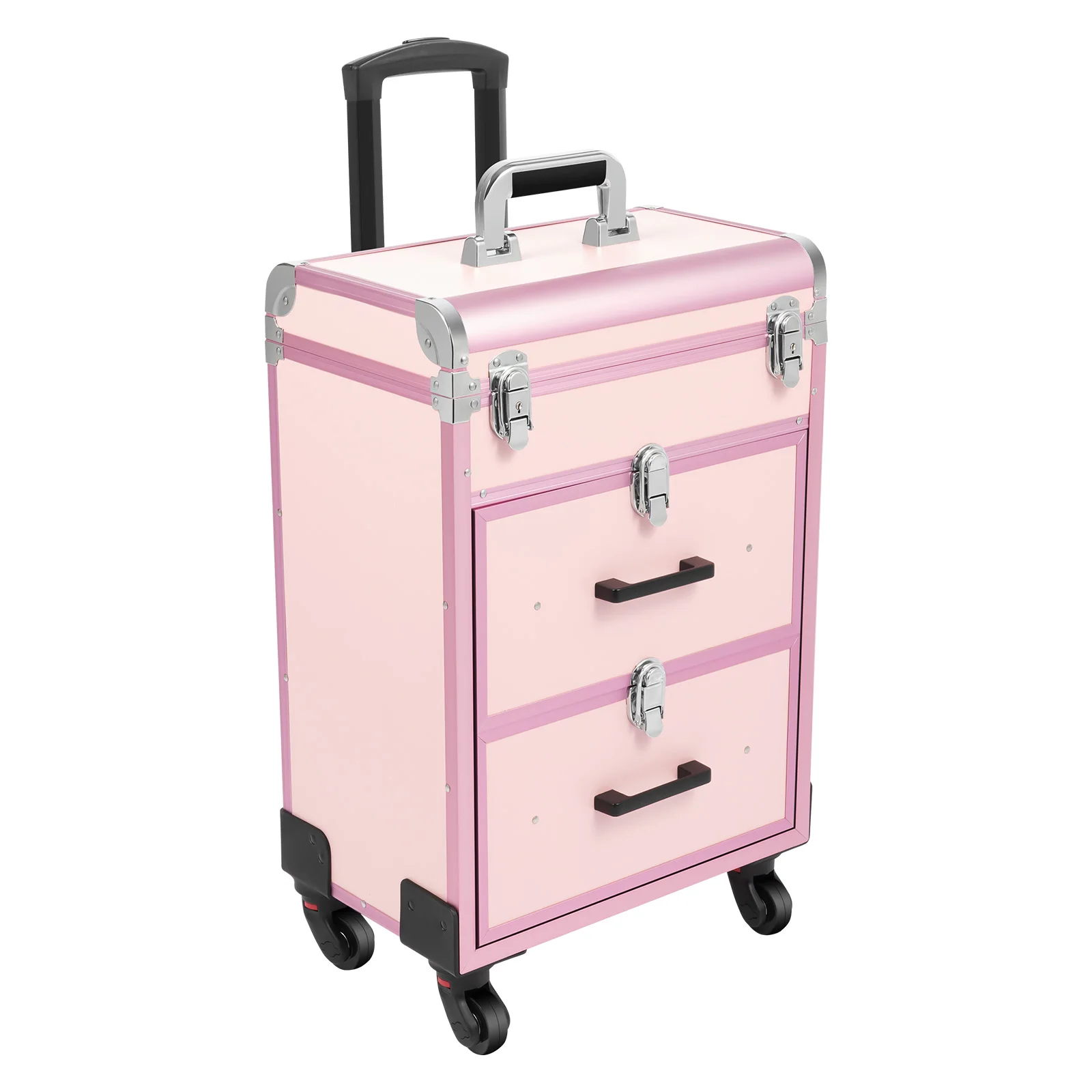 Teleskop-Zugstange mit drei Gängen, 3-lagiger rosa Make-up-Rollzugkoffer, 50 kg/110,23 lbs, zur Aufbewahrung von Werkzeugen oder Alltagsbedarf – Detail 1