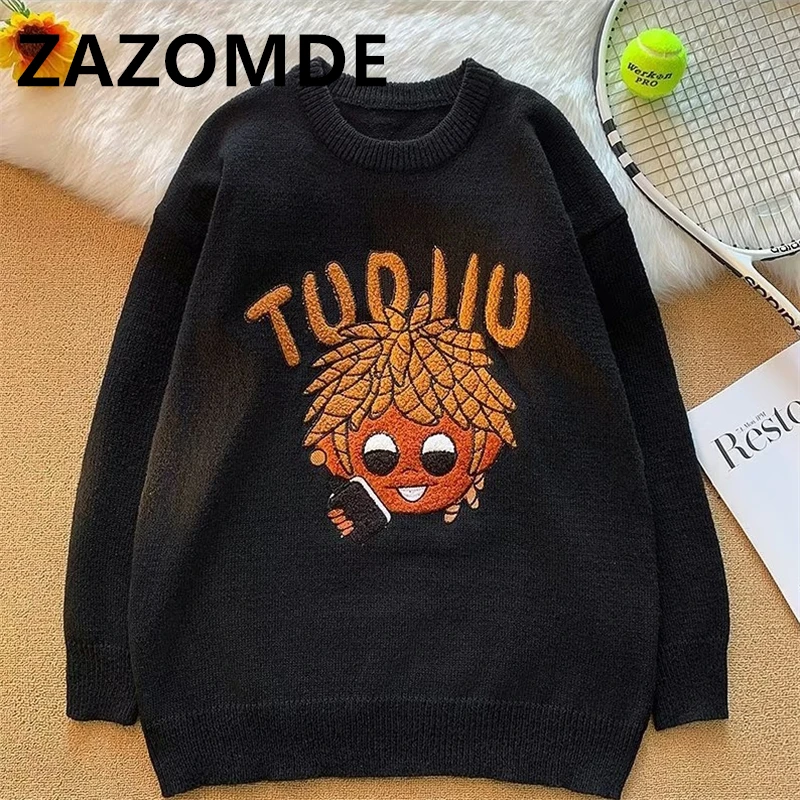 ZAZOMDE Autumn Men Fashion Street Sweaters Hip Hop Cartoon Embroidery Retro Pullover Knitted Tops Crew Neck Sweater For Man