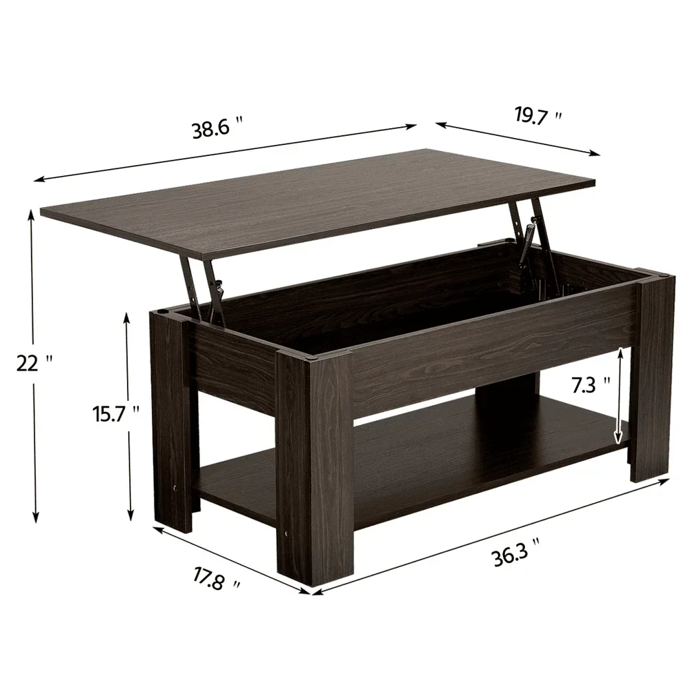 Modern 38.6" Wood Lift Top Coffee Table with Shelf for Livingroom, Espresso 6