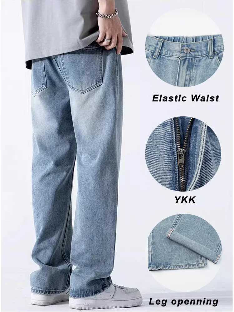 Spring Summer Men's Jeans Straight Denim Pants Elastic Waist Cotton Streetwear Male Wide Baggy Casual Blue Trousers 2