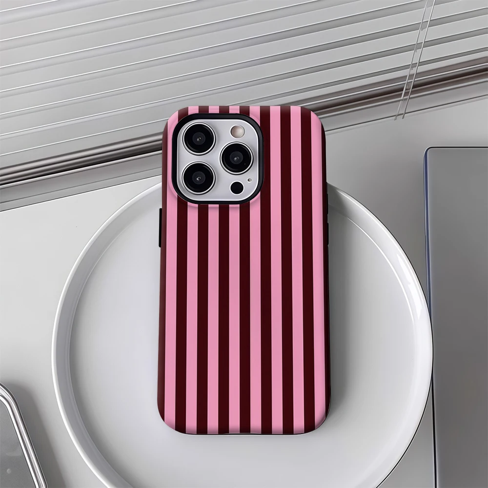 Luxury Double-Layer Pink Burgundy Vertical Striped Phone Case