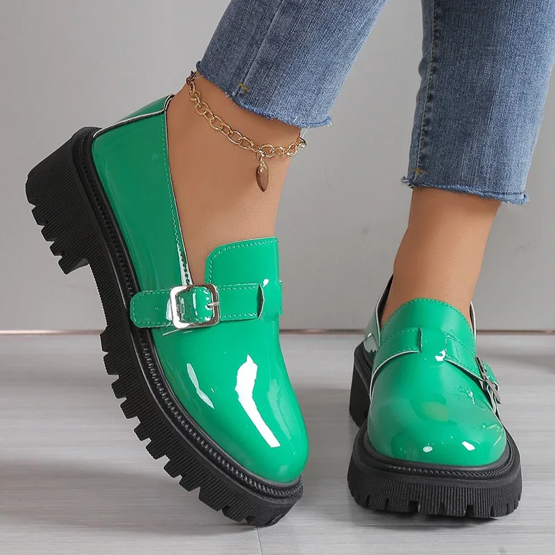 Fashion Buckle Patent Leather Loafers Women Spring Platform Gothic Shoes Woman Casual Non-Slip Flats Shoes Ladies