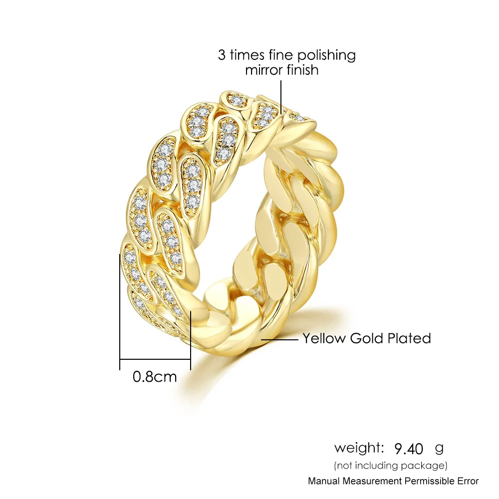 Cuban Link Ring for Women Hiphop Mens Rings Zircon Gold